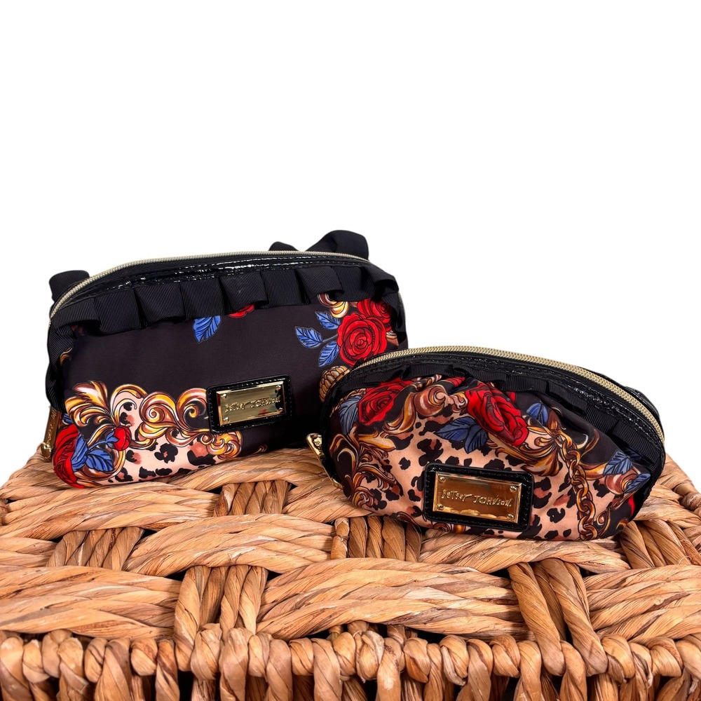 Betsey Johnson 2pc Cosmetic Bag Set Floral Leopard Ruffle Black Red Gold Rose